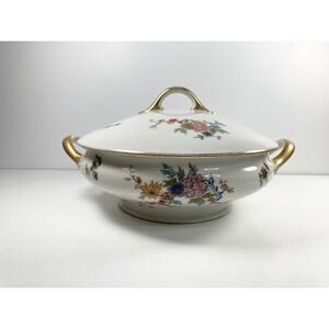 Vintage French Porcelain Tureen, Floral Design, Gold Trim